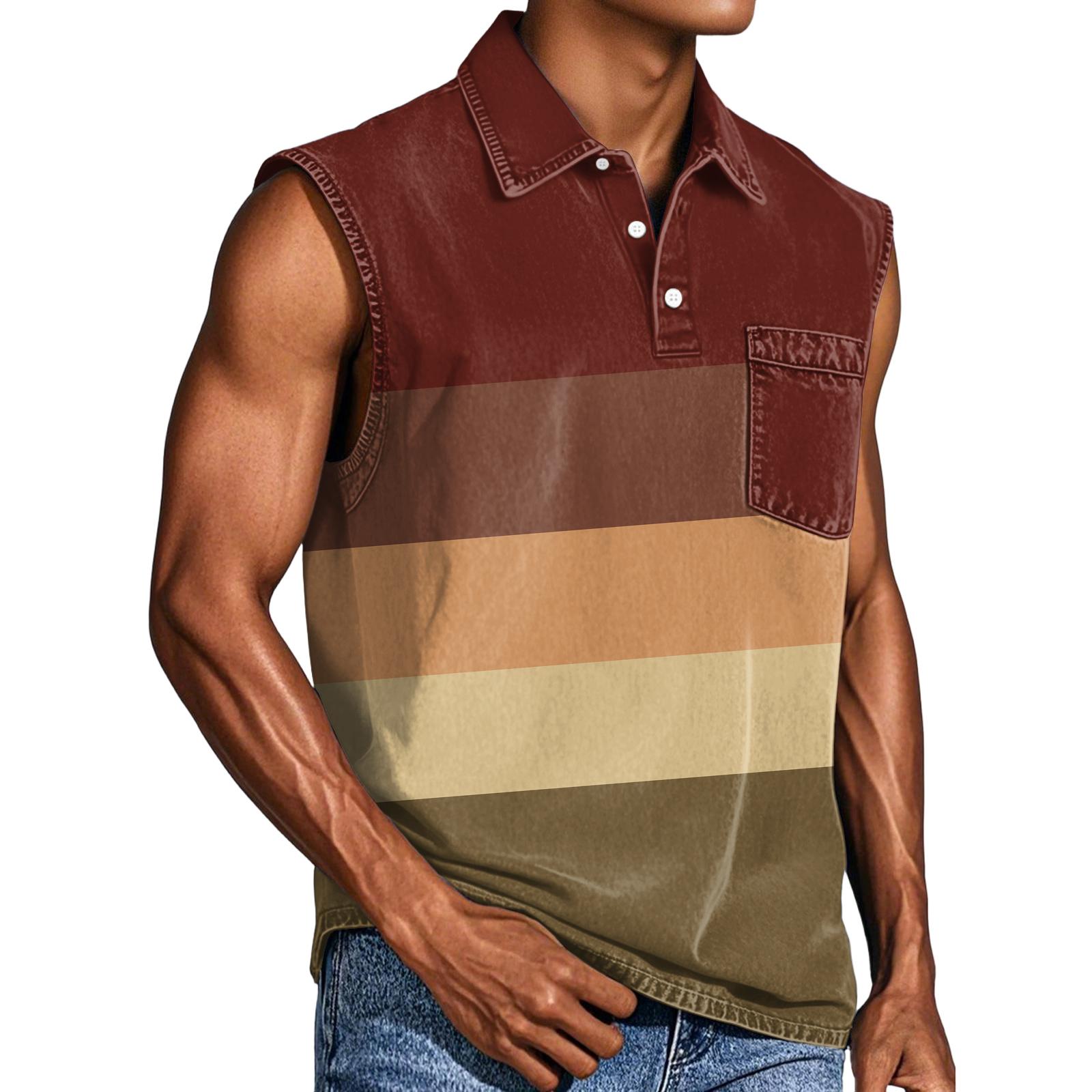 

Men Sleeveless Button Down Shirt Casual Gradient Stripe Print Cotton Top with Chest Pocket Classic Collar Design XXXL винний