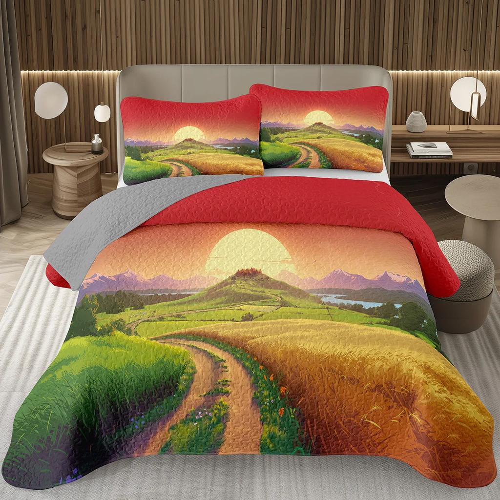 Natural Scenery Bedspread, Sunrise Landscape Coverlet Set,Twin Full Queen King Quilted Bedding Set for Girls Teens Women Bedroom