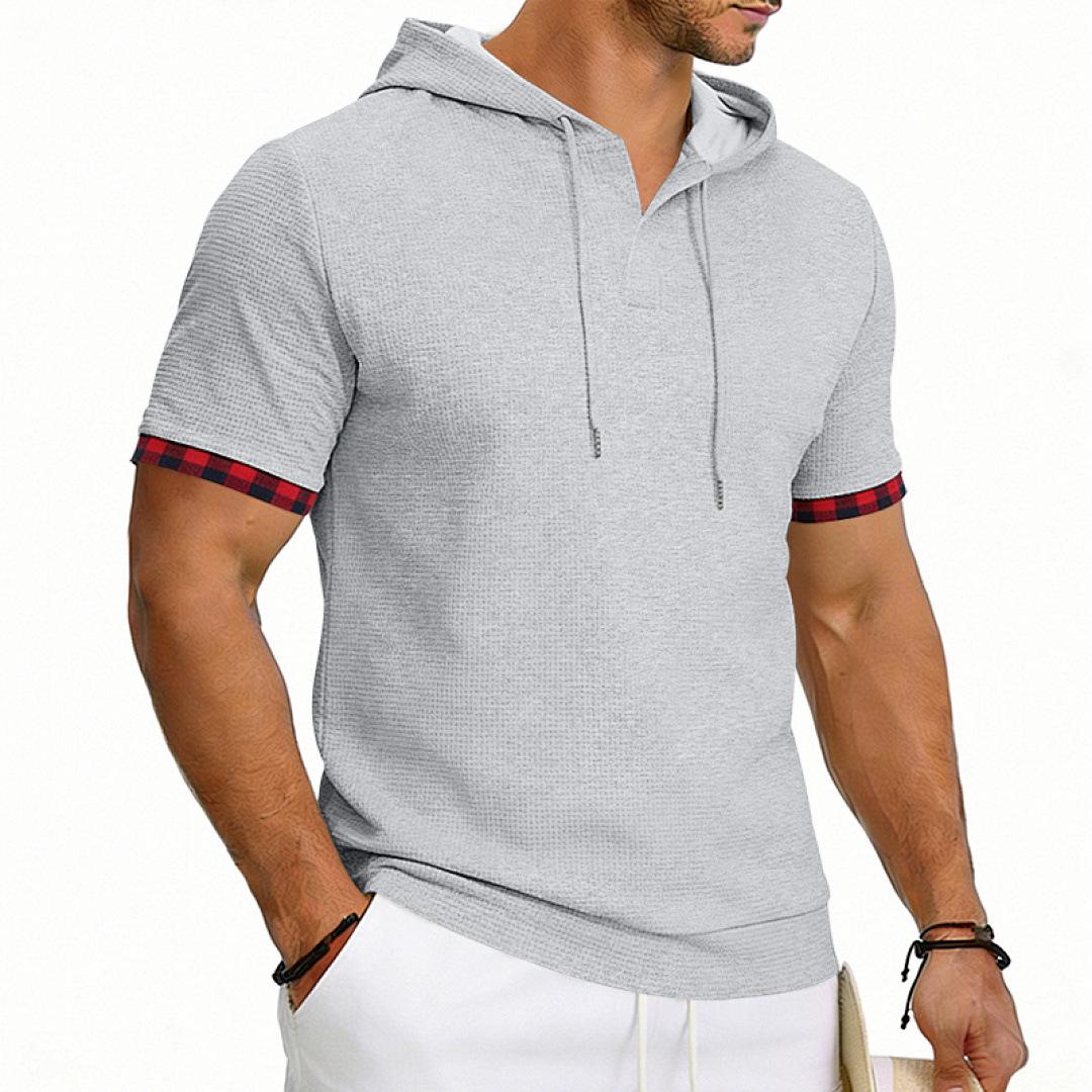 Mens Casual Waffle Hooded Short Sleeve T Shirt Loose Plus Size Sports Top S серый