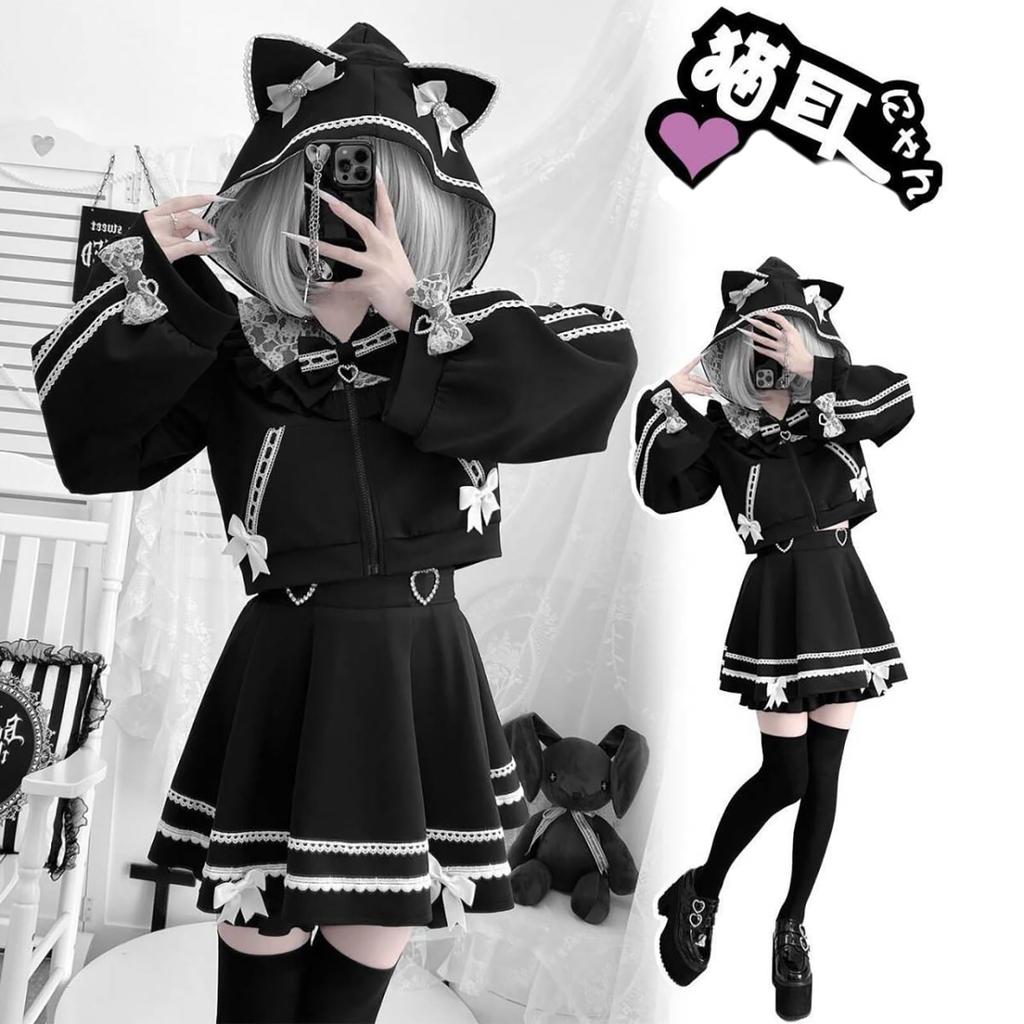 Conjunto de Fantasia Cosplay Jundakara com Renda e Gato e Perfeito para e Lolita Coreana Inclui e Tamanho Leve Conjunto de 3 Peças Orelhas, Laços, Babados, Subcultura,