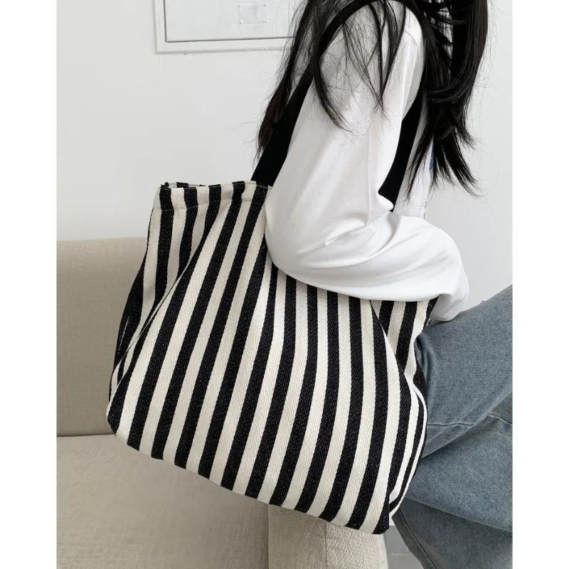 Simple Striped Women's Canvas Casual Shoulder Bags Fashi Large Capacity Ladies Tote Handbags Female Daily Shopping Bags