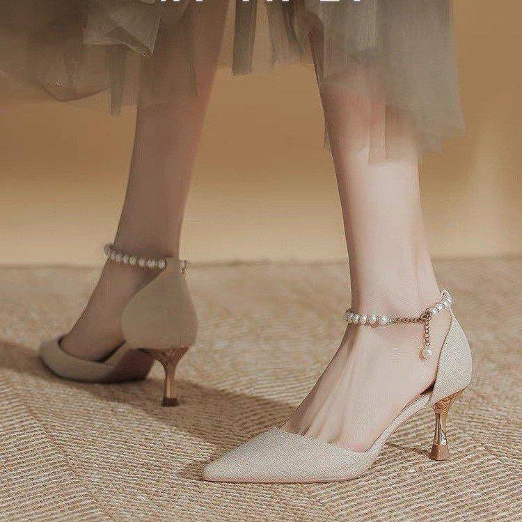 Fashion High Heeled Women's 2025 Spring/summer New Style Fairy Style Pointed Thin Heel Pearl Straight Strap Hollow Toe Sandals