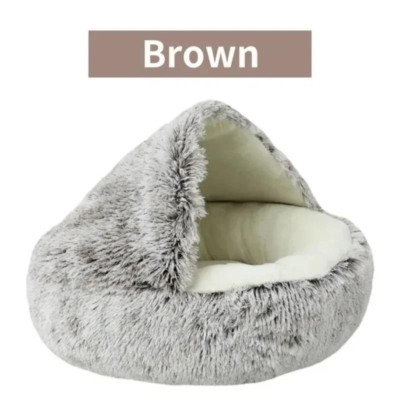 Warm Long Plush Pet Bed Round Cats Cushion Cat House 2 in 1 Comfortable Sleep Bag Enclosed Round Cat Cushion House Warm Basket