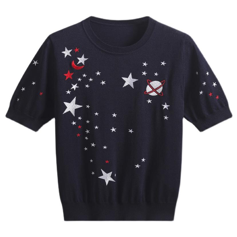 

Модные ретро-вышивка Galaxy Star Pattern с короткими рукавами, летние женские трикотажные повседневные женские пуловеры B-108