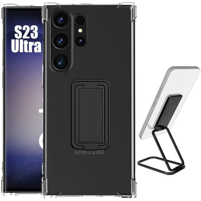 Coque pour Samsung Galaxy S23 Ultra - Antichoc - Ultra Slim - Transparent - Support Réglable Métal Noir