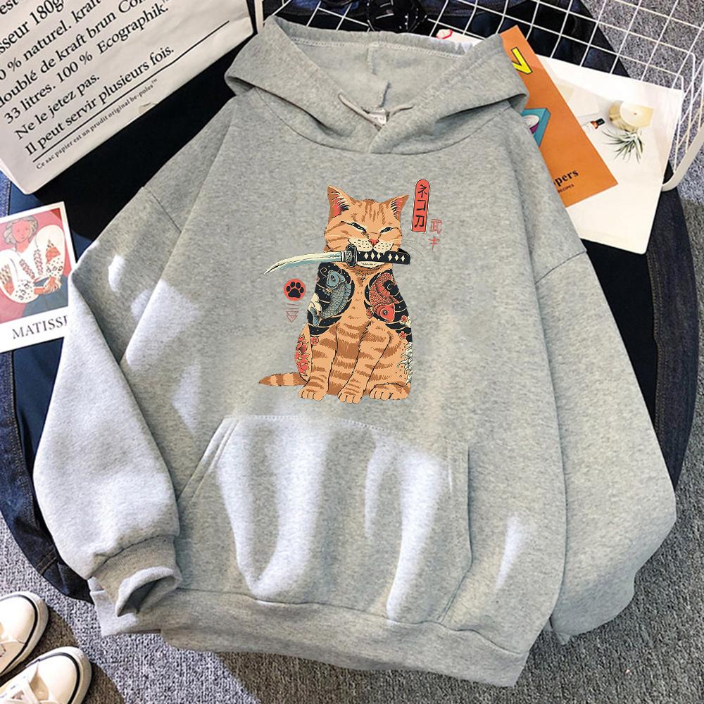 Japanese Cartoons Cat Ukiyo E Print Women Hoodie Hip Hop Fleece Pullovers Creativity Crewneck Clothing Fleece Loose Womens Hoody