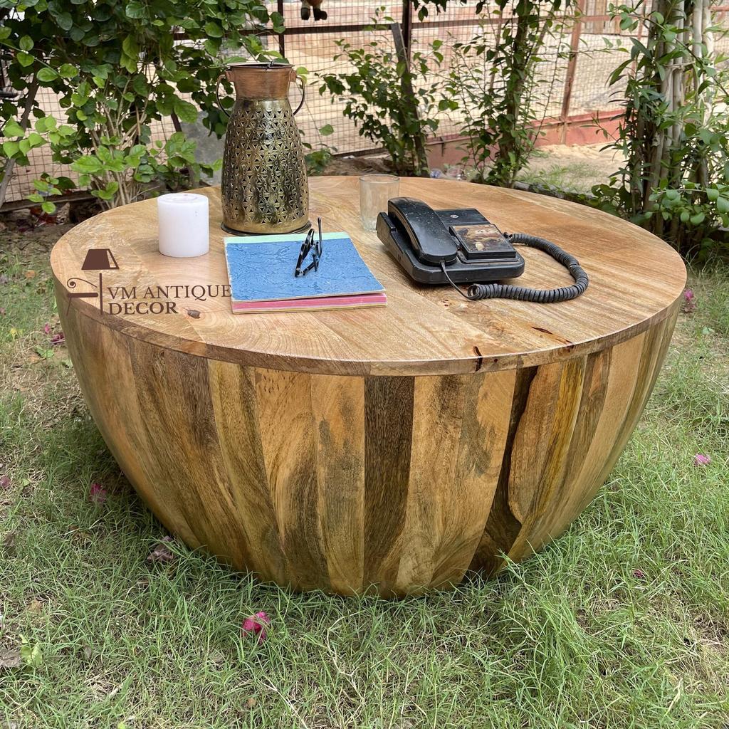Wooden Coffee Table | Round Drum Table Stool | Living Home Decor Central Furniture, Indian Bedside Nightstand Low Table,Side Table Furniture