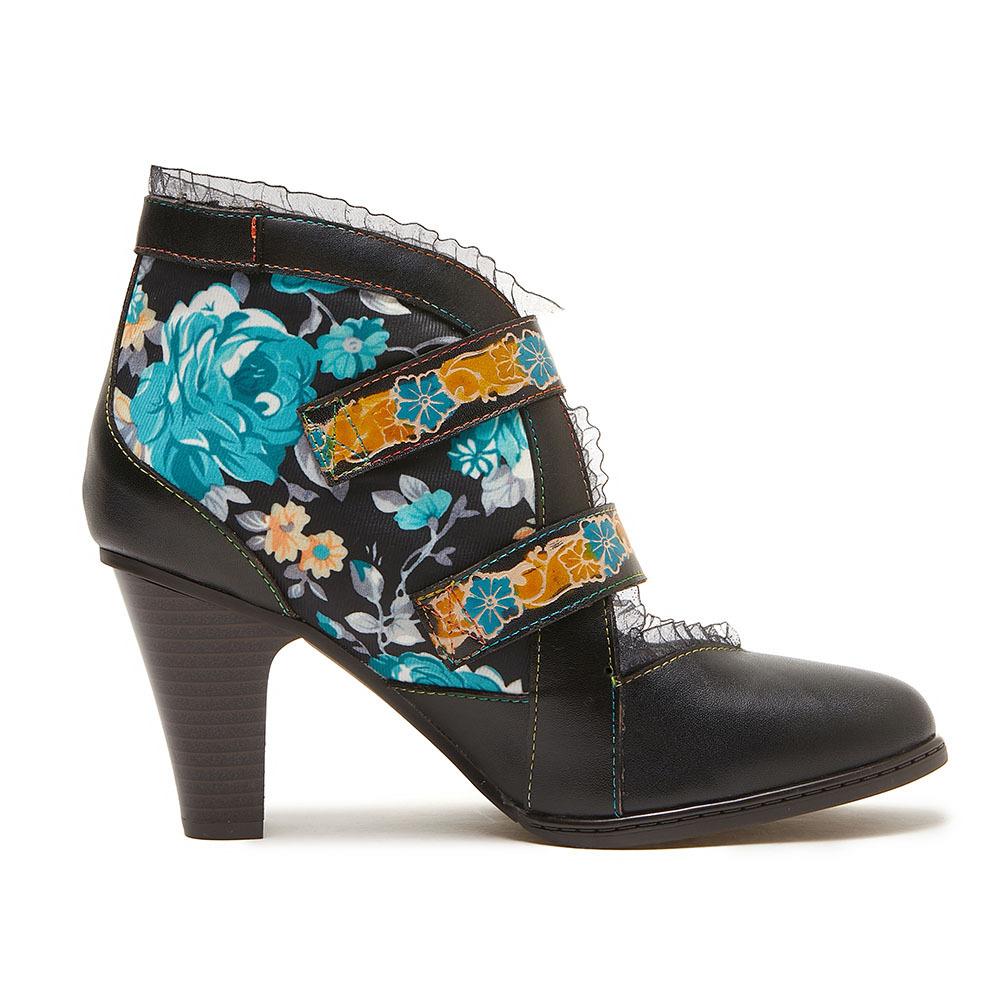 Johnature Genuine Leather Shoes Fashion Women's High Heels Retro Print Lace Versatile Short Boots