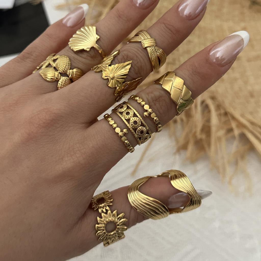 Stainless Steel Vintage Punk Finger Rings Set For Women Men Gold Plated Flower Leaves Texture Open Ring Party Statement Jewelry