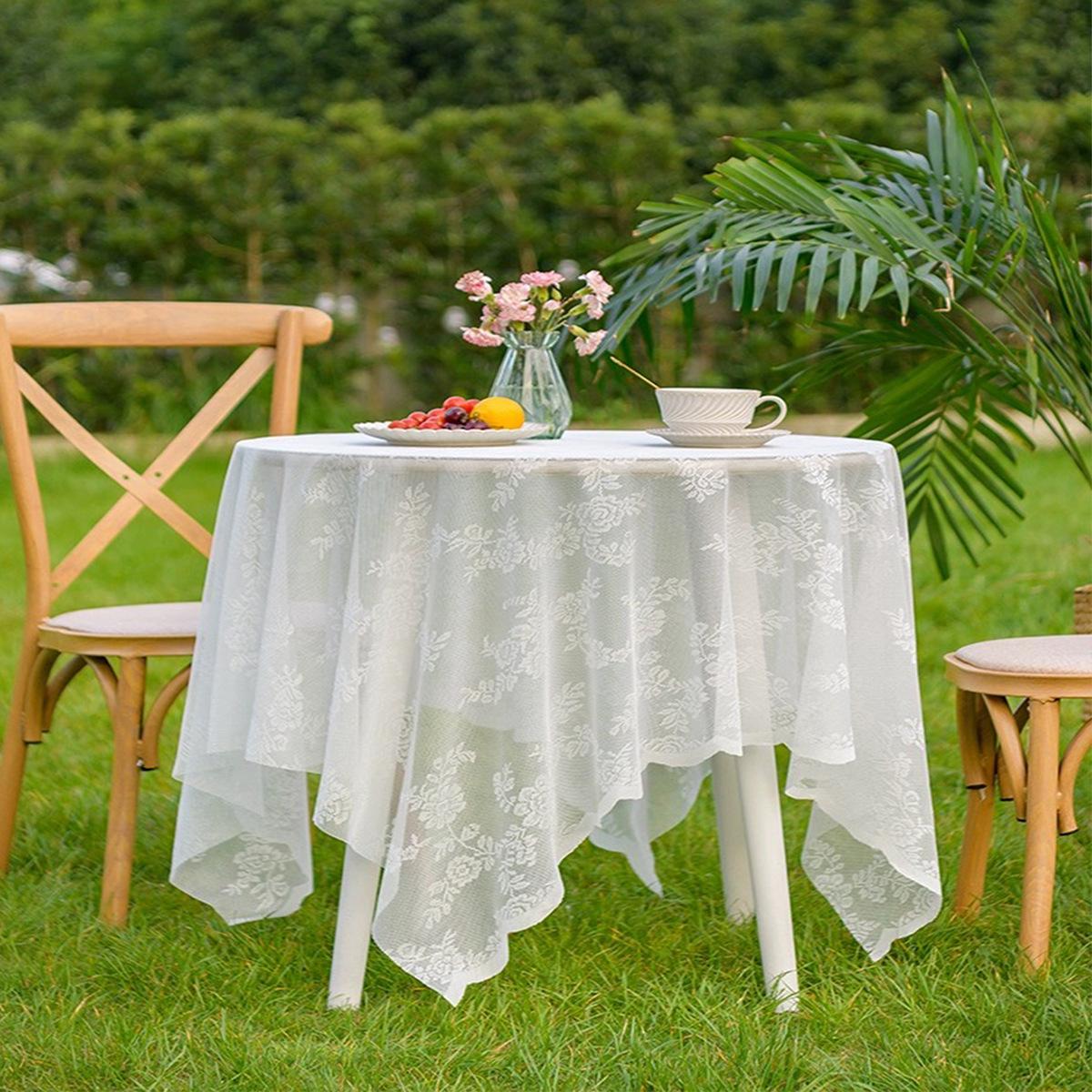 

French Pastoral Coffee Table Cloth, Lace Small Flower Tv Cabinet Cover Cloth, Chest Cabinet Shoe Cabinet Cover Towel Mesh Tablecloth 145*145cm білий