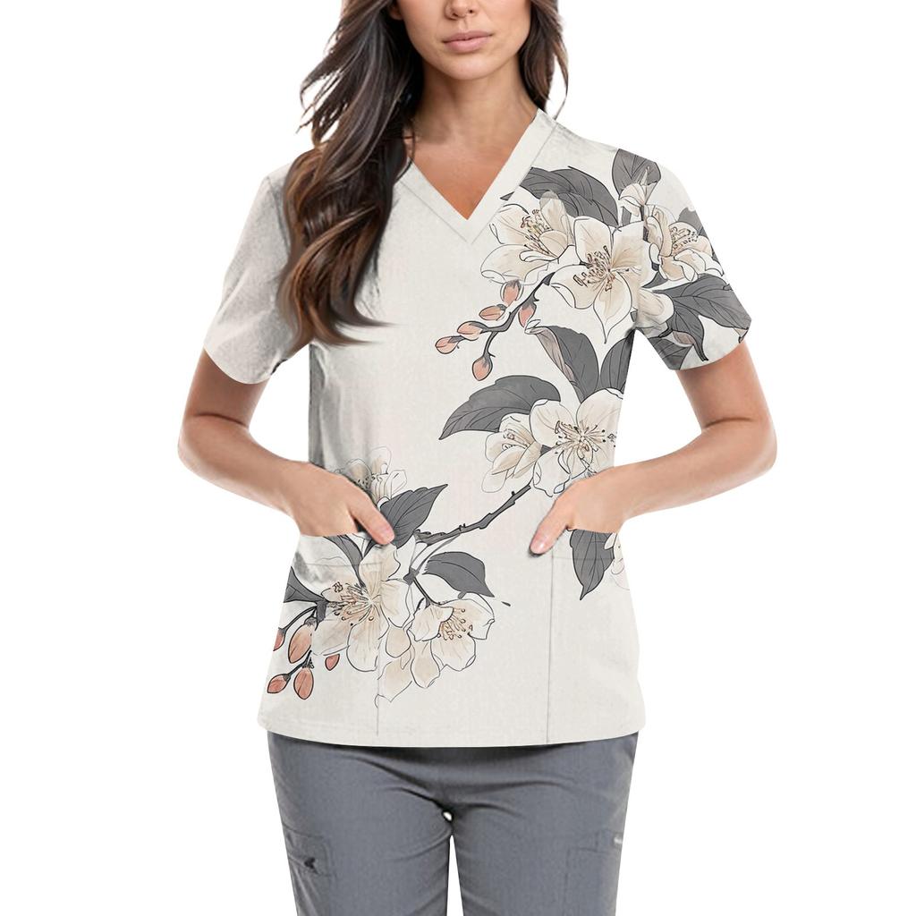 Women's Cute Printed Work Clothes V-neck Double Layer Pockets Basic Short Sleeve Top Pullover Valentines