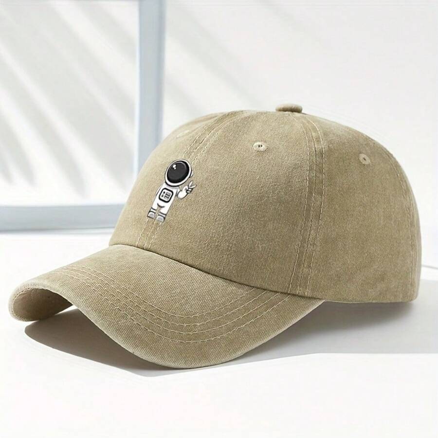 Mens Washed Denim Baseball Cap With Astronaut Cartoon Print Adjustable Strap