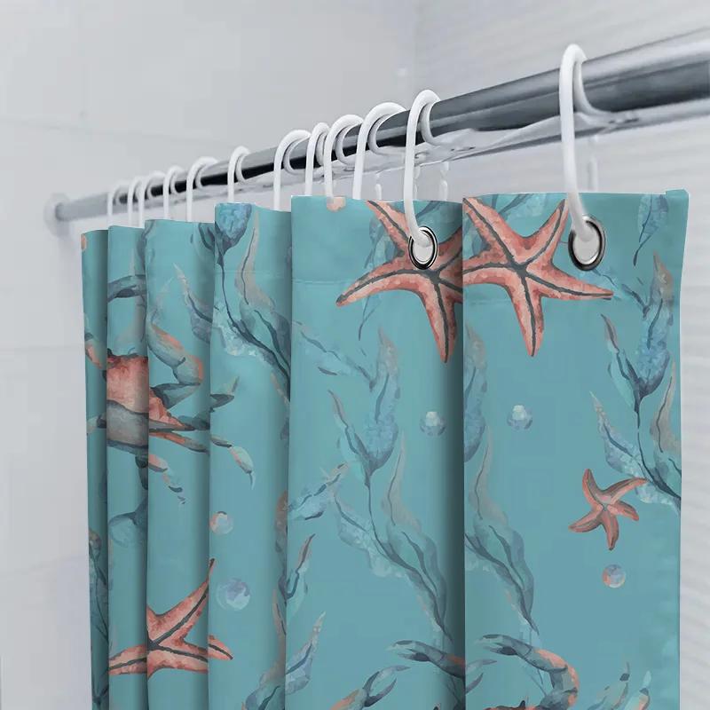 Underwater World Bath Shower Curtain Crabs Starfish Print Blue Waterproof Fabric Curtains For Bathroom Decor Home Accessories