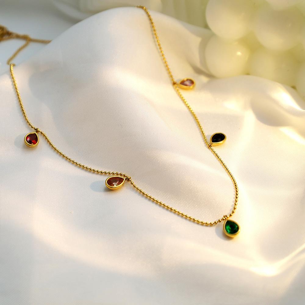 Bohemian Style Multi-Color Contrasting Color Color Water Drop Shape Zircon Collarbone Chain Necklace Women'S Fashion Titanium Steel Jewelry