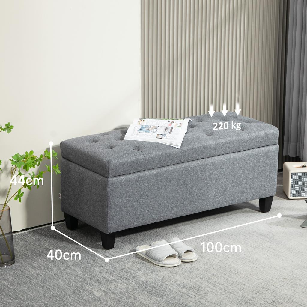 Bench, Upholstered Bench with Storage, Linen-Like Polyester, Rubberwood, 100 x 40 x 44 cm, Light Grey