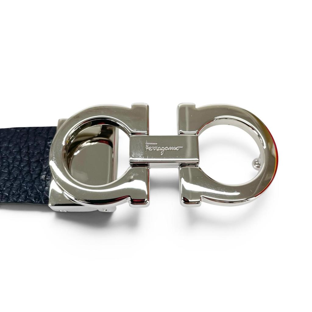 Pristine Salvatore Ferragamo Belt Double Gancini Reversible Navy Leather Mens Used