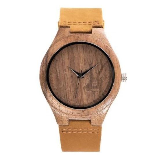 Mens wristwatch wooden bamboo genuine leather strap quartz simple casual natural wood Japanese movement logo custom (Bamboo Kouka Shikato Men)