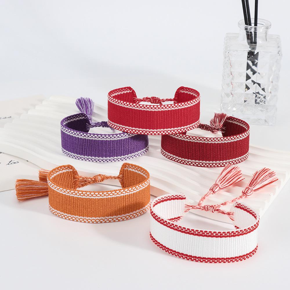 Adjustable European & American Fashion Embroidered Polyester-Cotton Tassel Bracelet with Customizable Logo