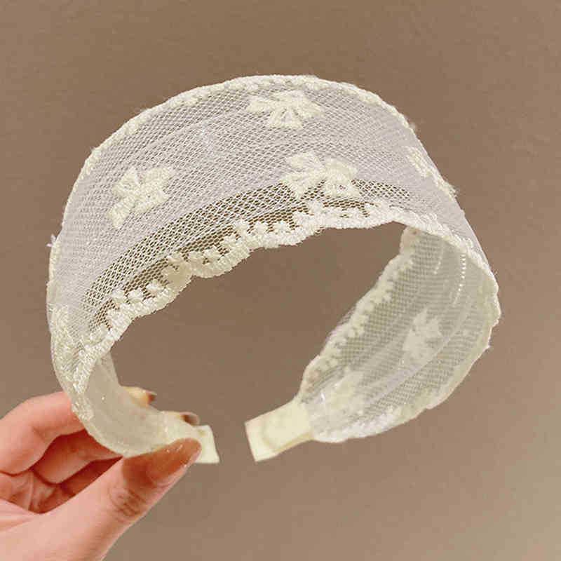 Women's Summer Pastoral Lace Bow Headband with Wide Mesh Edge and Flowing Ribbon