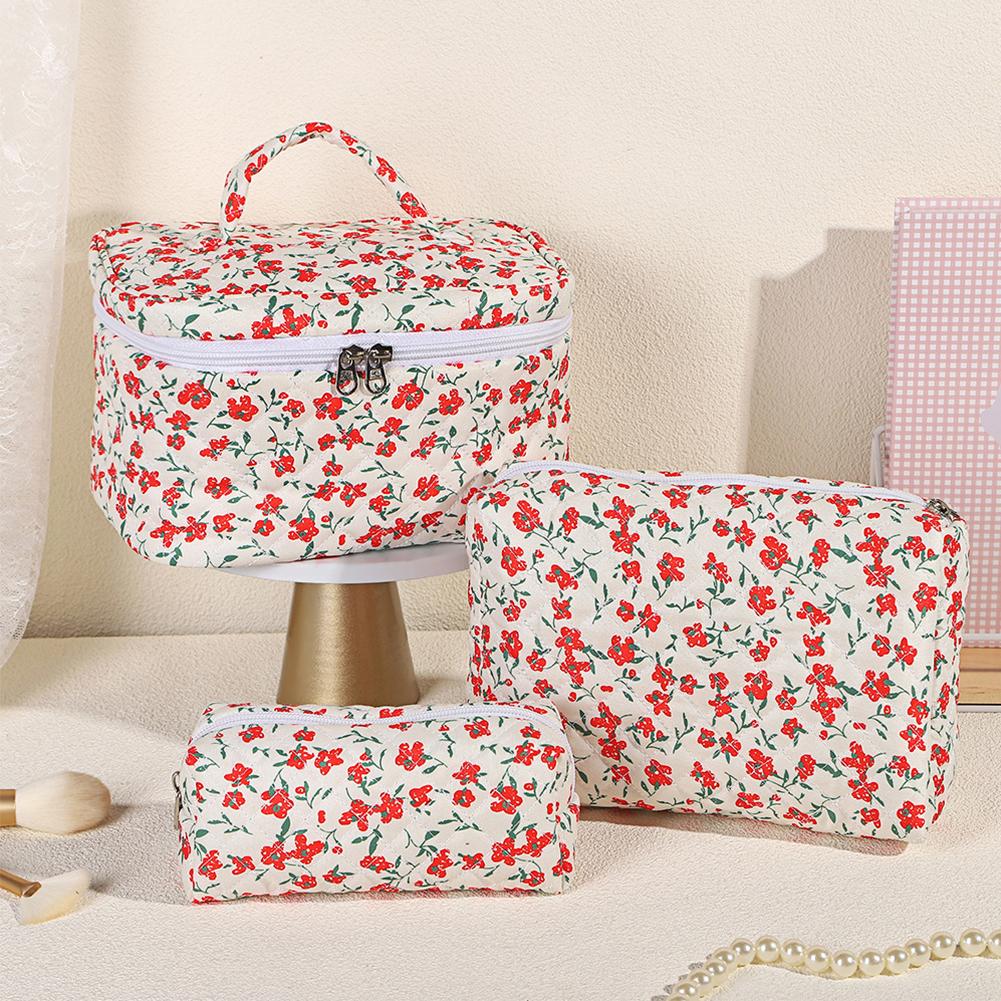 3Pcs Cosmetic Bag Cute Floral Cotton Toiletry Bag Zipper Toiletry Organizer Bag Travel Cosmetic Bag for Women Girls