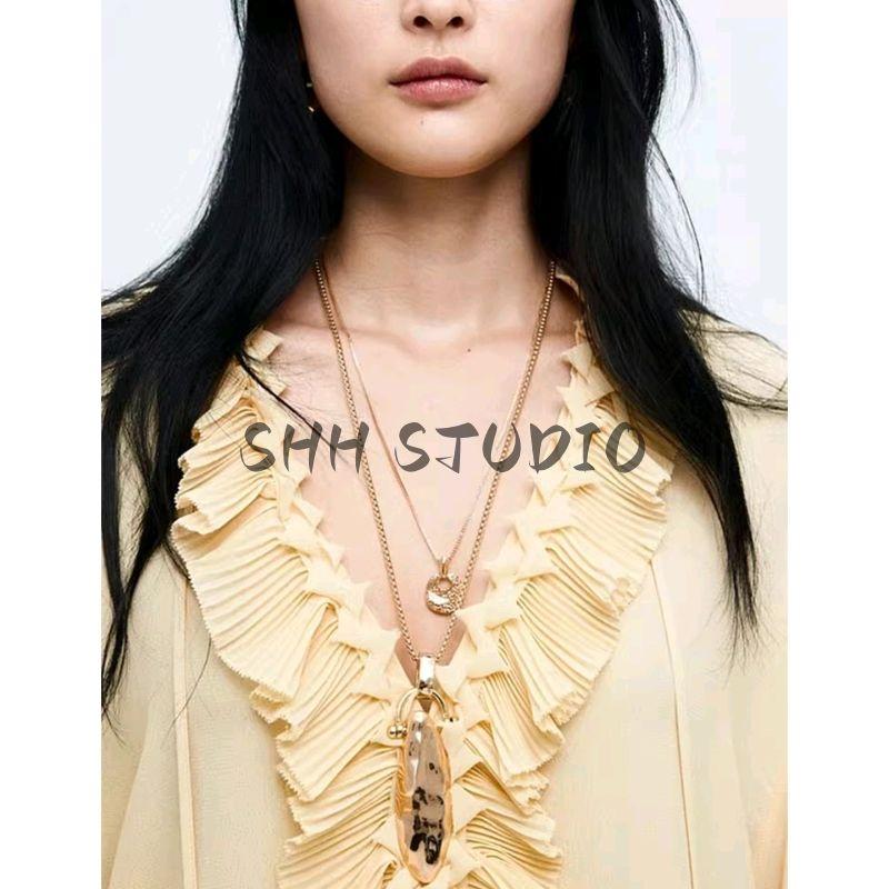 Summer New Product Women's Clothes French Style Design Loose-Fitting V-neck Long Sleeves Wave Style Wear Shirt Dress 1284891