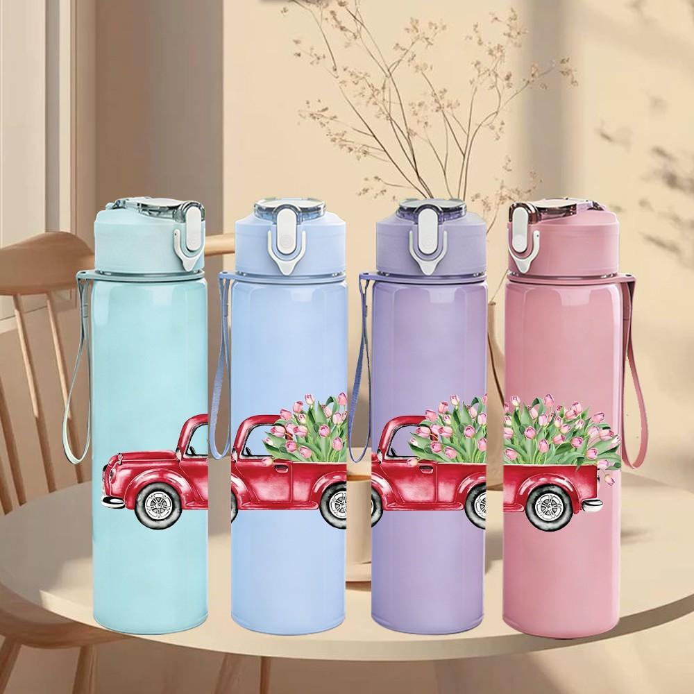 1PC Red Pickup Truck Vintage Retro Pattern 750ml Color Plastic Sports Water Bottle Leakproof Flip Straw Lid Suitable for Sports Office Home Use