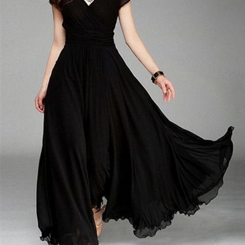 Women's Fashion V Neck Short Sleeve Evening Party Dress Solid Long Cocktail High Waist Summer Dresses