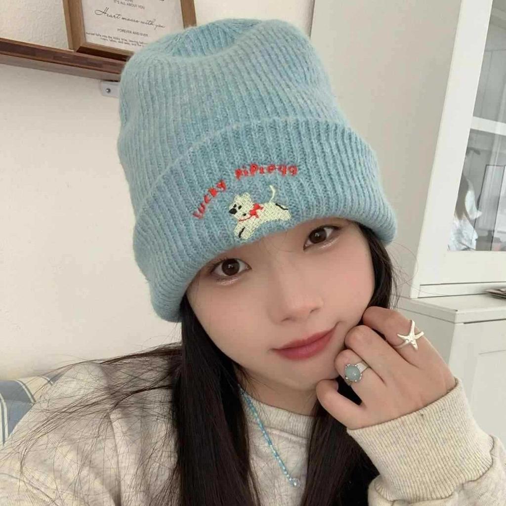 Warm waxy puppy~ Grandma Chen keeps her own versatile embroidered knitted wool hat to show her face. New cold hat for autumn and winter