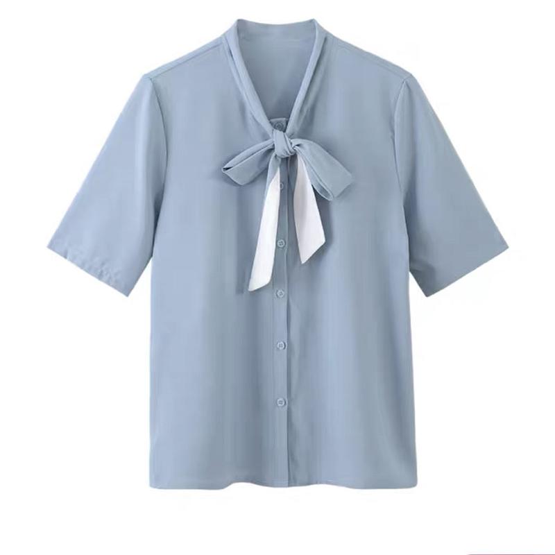 Bow Tie Blouse Women Summer Thin French Blouse Women Loose Belly Short-sleeved Chiffon Shirt Solid Shirt