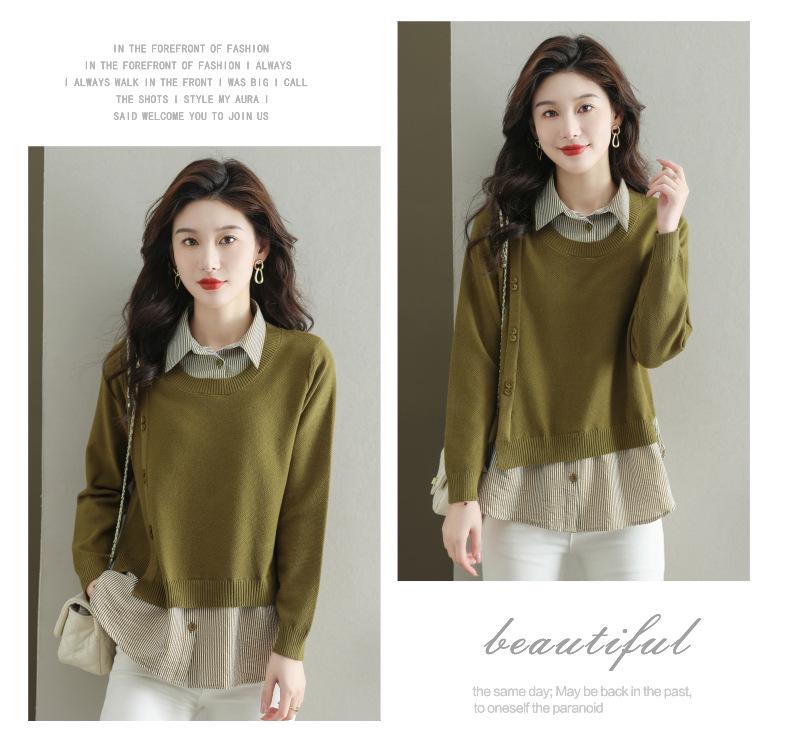 Women's Fake Two-Piece Knit Top with Shirt Collar - Stylish Autumn 2025 Sweater