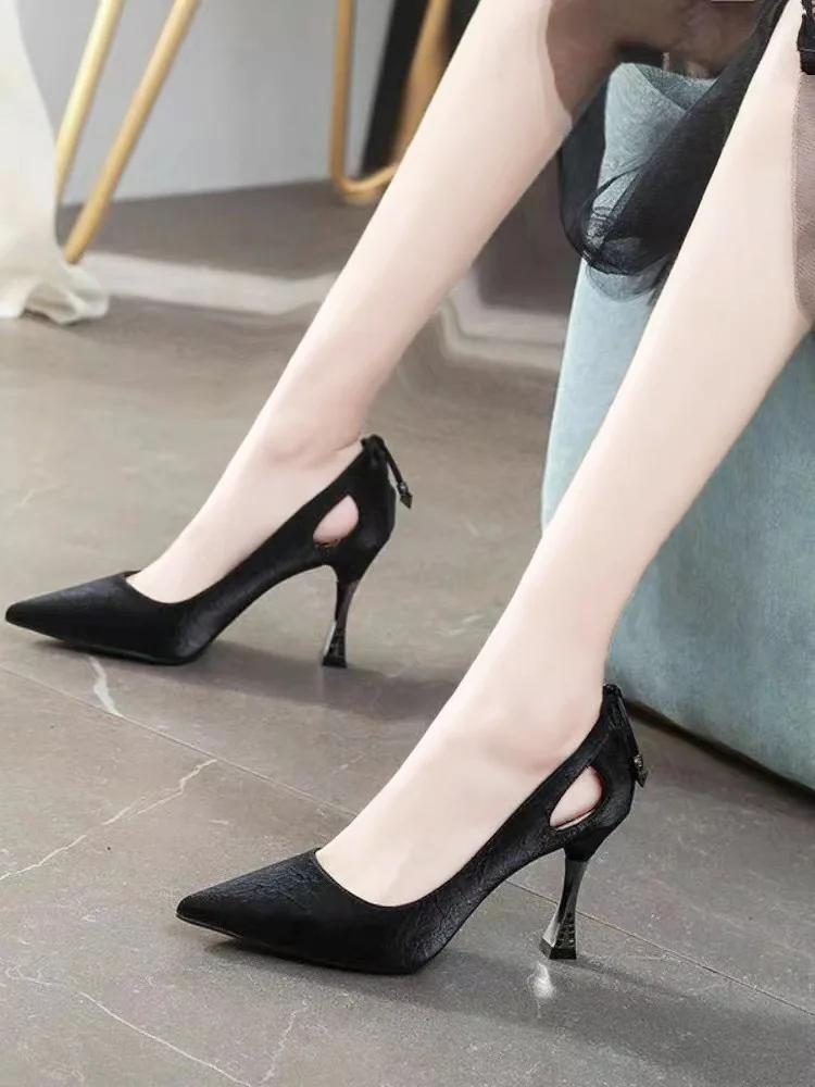 Maogu 2024 Spring Pointed Sexy Hollow Bow Fashion Elegant Ladies Dress Black High Heels Shoes Pointed Toe Stilito Heel Pumps 6cm
