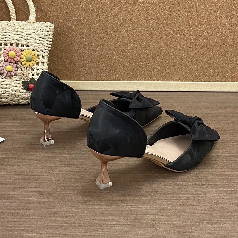 Bow high heels women's summer thin heels versatile black pointed single shoes thin small heels women's bag head hollow single shoes