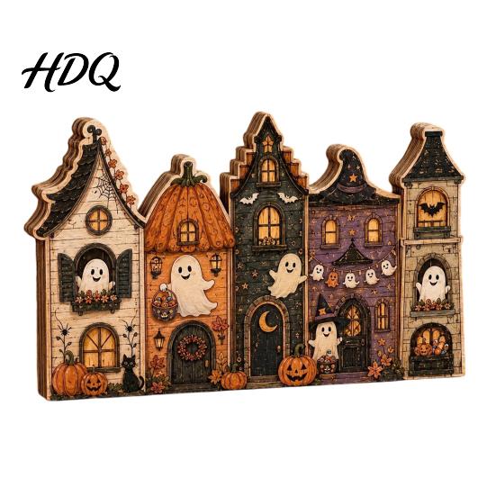 Halloween Wooden House Decorations Retro Haunted Village Tabletop Decor Fall Farmhouse Witch Distressed Wood Crafts Ornament Ghost Town Centerpiece