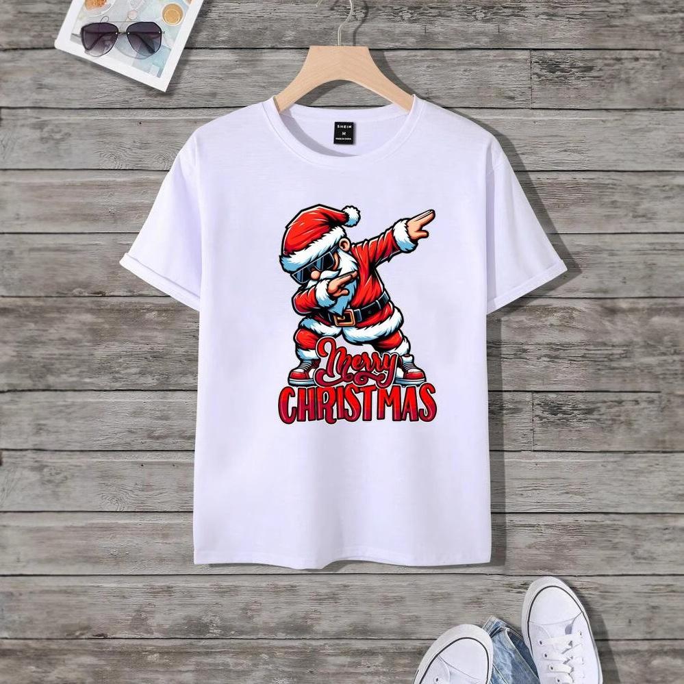 

Fun and Handsome Santa Print Men s High Street Front Shoulder Round Neck Loose Short-sleeved T-shirt 5XL белый