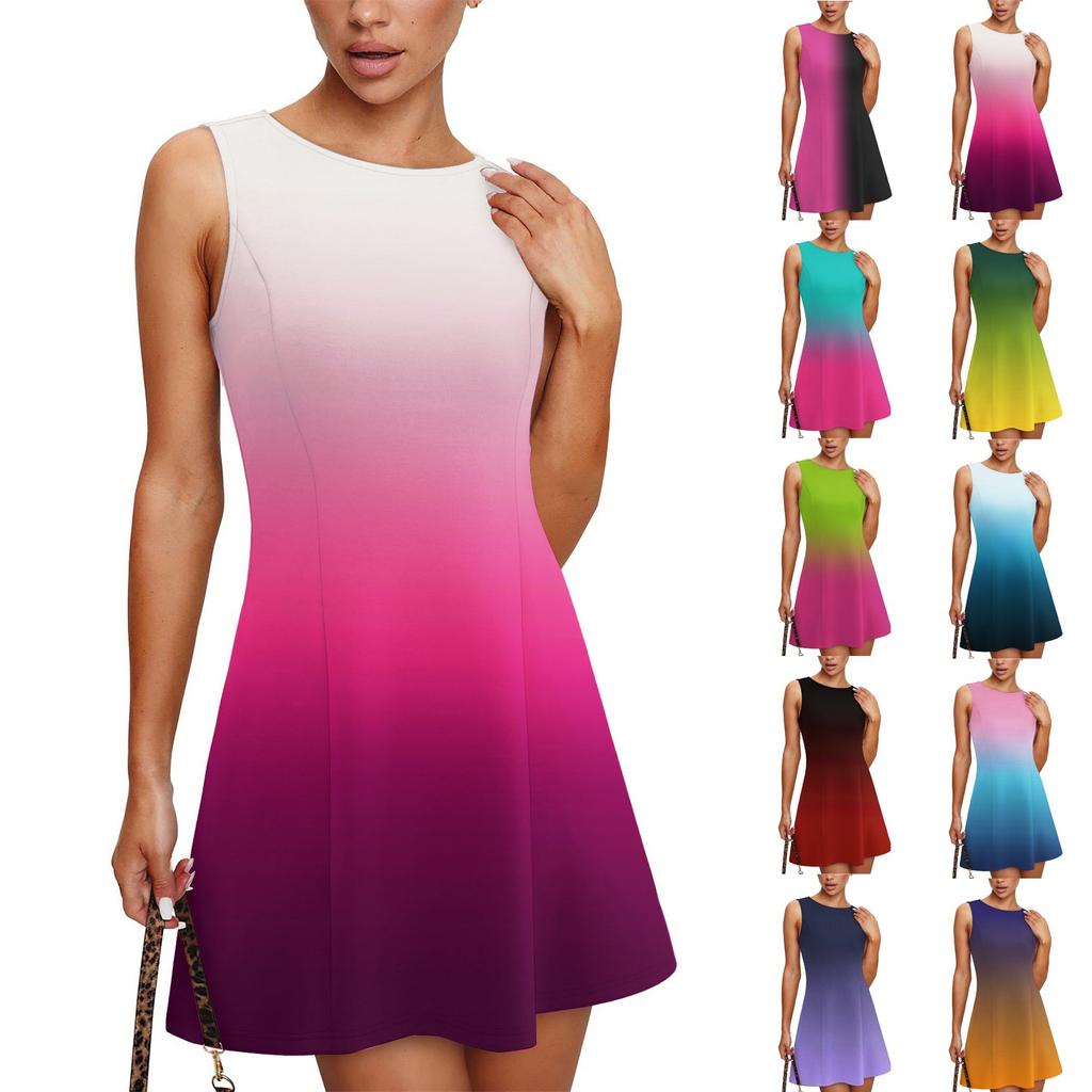 Dámské módní ležérní šaty bez rukávů s potiskem a kulatým výstřihem