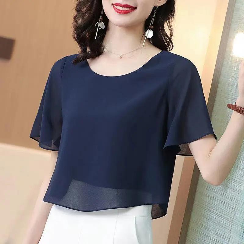 Women's Summer Short-Sleeve Cropped Chiffon Blouse Middle-Aged Mom's Round Neck Simple Elegant Top