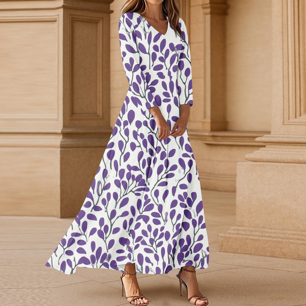 Women's Casual 3/4 Sleeve V-Neck Floral Print Maxi A-Line Beach Dress