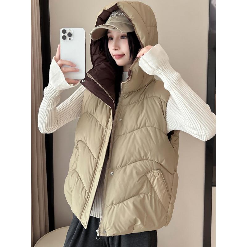 

Корейская версия новой женской легкой куртки без рукавов с капюшоном, однотонной, утолщенной, теплой, спортивной и повседневной, свободной хлопковой куртки XXL хаки