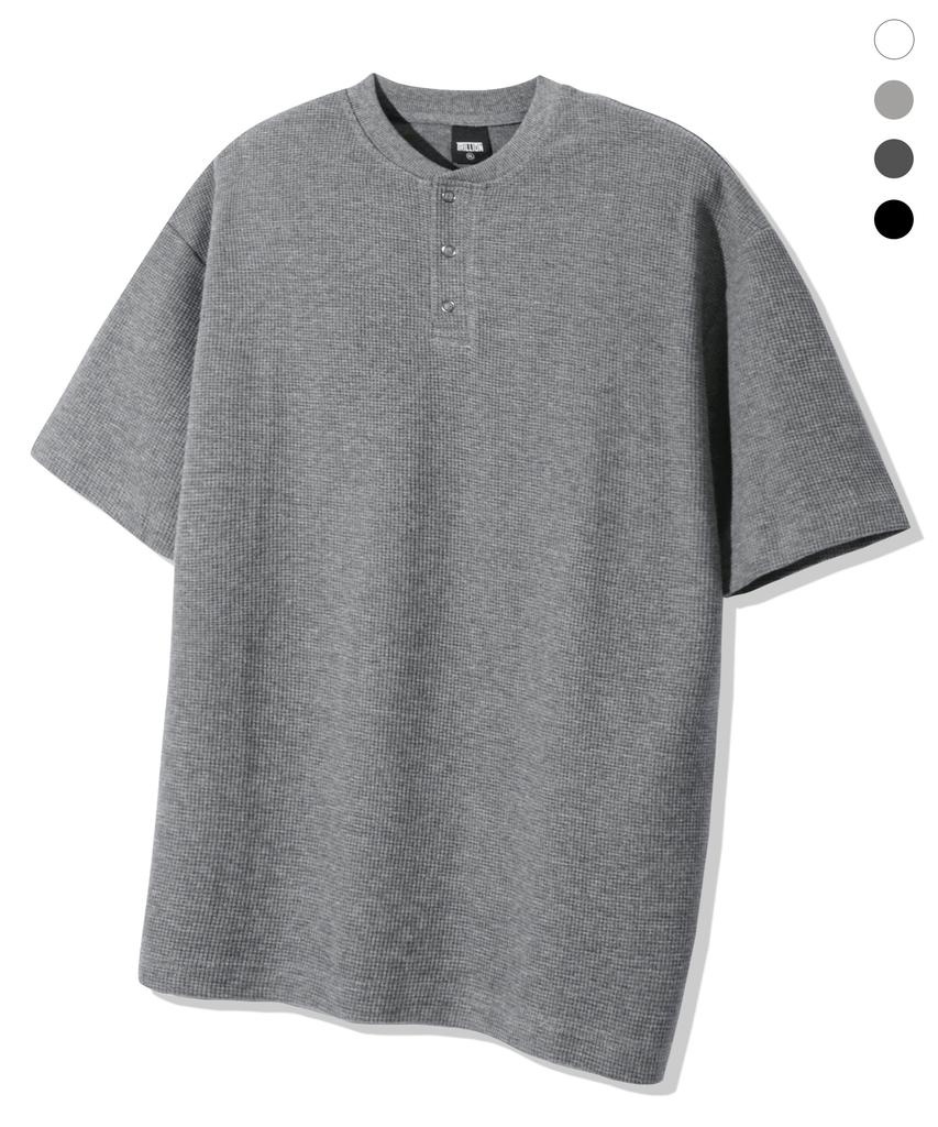TRILLION Waffle Ring Snap Henley Neck Half Sleeve_4Color