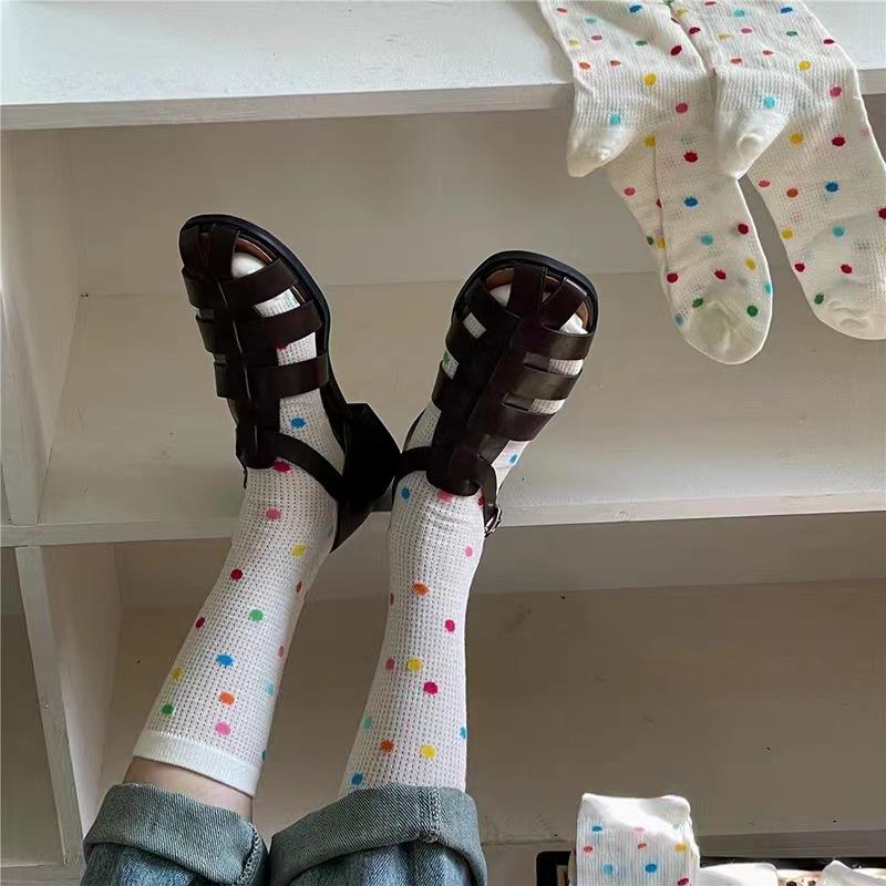 Polka Dot Socks With Hole Slippers Medium Tube Mesh Summer Thin Medium Tube Cotton Breathable Stacking Socks