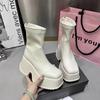 Damen High Top Stiefel Lässige Lederstiefel Schmale Elastische Stiefel Quadratische Zehenpartie Plateau-Stiefel Punk Stil Reißverschluss Kurze Stiefeletten