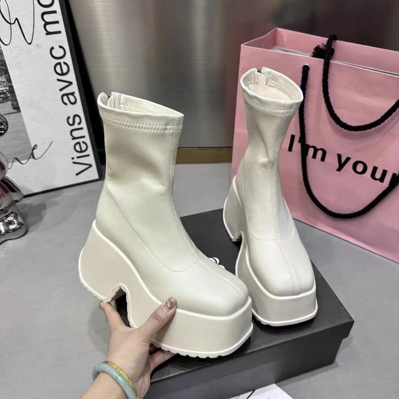 Damen High Top Stiefel Lässige Lederstiefel Schmale Elastische Stiefel Quadratische Zehenpartie Plateau-Stiefel Punk Stil Reißverschluss Kurze Stiefeletten
