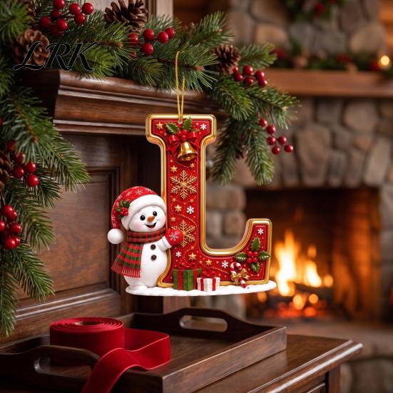 Decorative Gift Tags Cute Snowman Letter Christmas Ornament, 2D Flat Personalized A-Z Alphabet Tree Ornaments Acrylic Hanging Pendant for Xmas