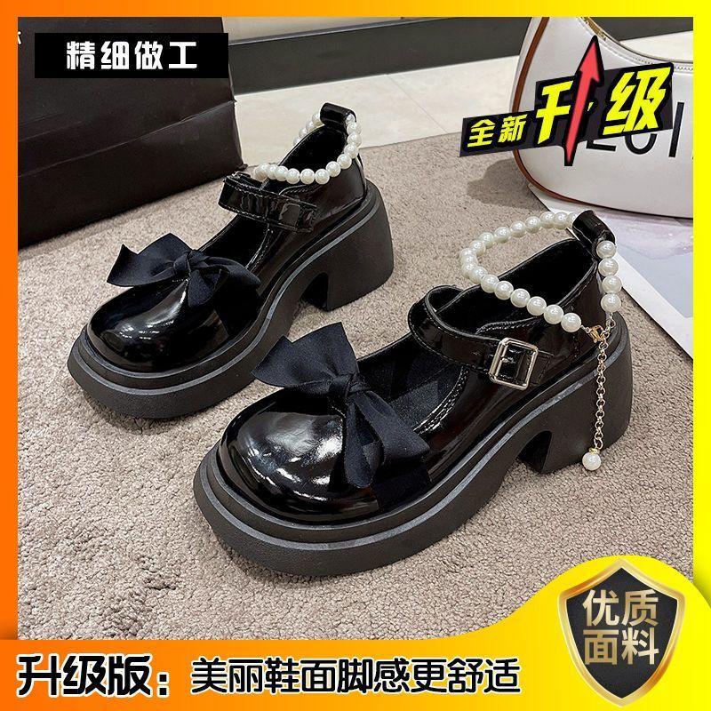 French high-heeled Mary Jane small leather shoes women's spring and summer new versatile bow pearl thick-soled thick-heeled single shoes