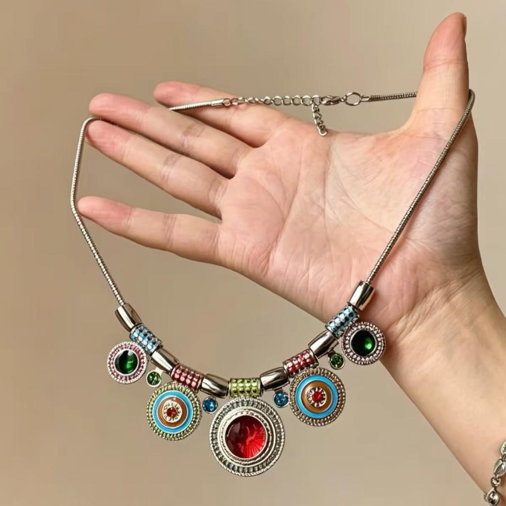 Vintage Bohemian Colored Round Beaded Necklace For Women, Yunnan Seaside Travel Exotic Necklace Forehead Jewelry New Arrival