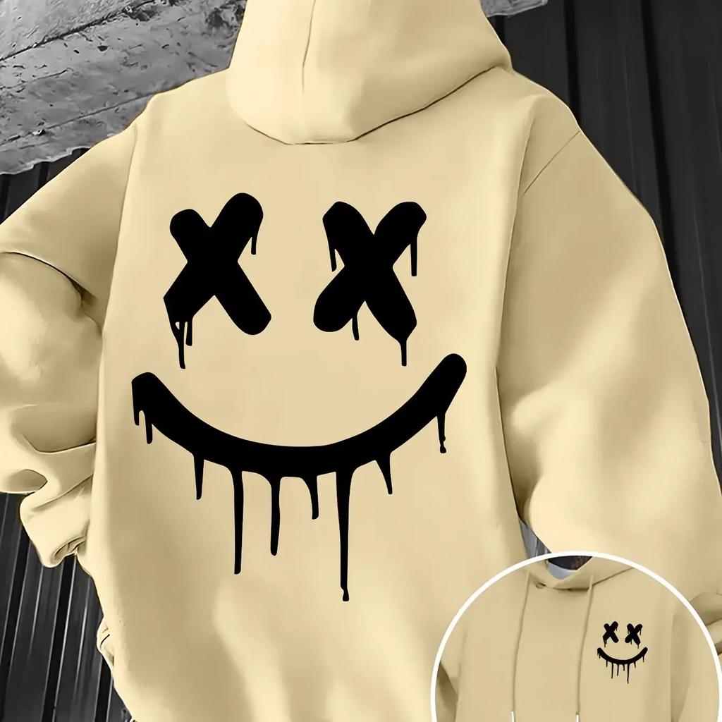 Smiley Face Print Men's and Women's Autumn  Winter Trendy Printed Hooded Fleece Sweatshirt Front and Back Printed Casual Hoodie