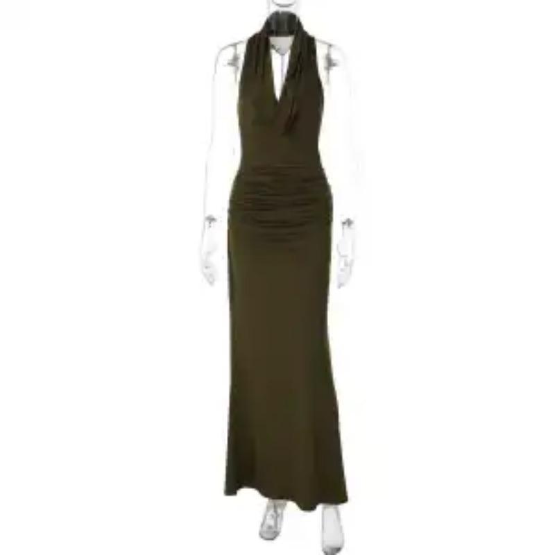 Sommer Damen Neckholder Maxikleid Schmal Geschnitten Raffung Bodycon Abendparty Kleid