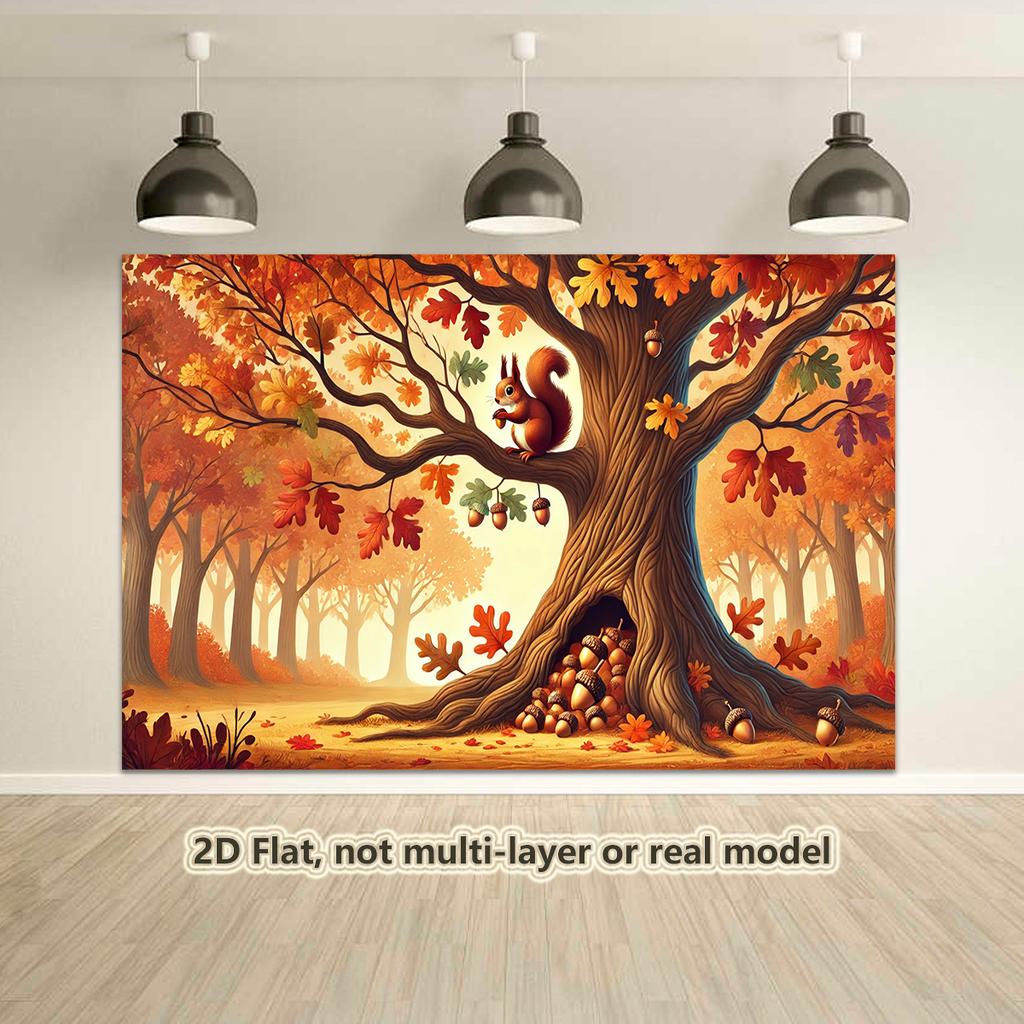 2D Plane, 1 Autumn Party Banner Background, Autumn Squirrels and Oak Trees, Pumpkins, Hay Bales, Maple Leaveszyc