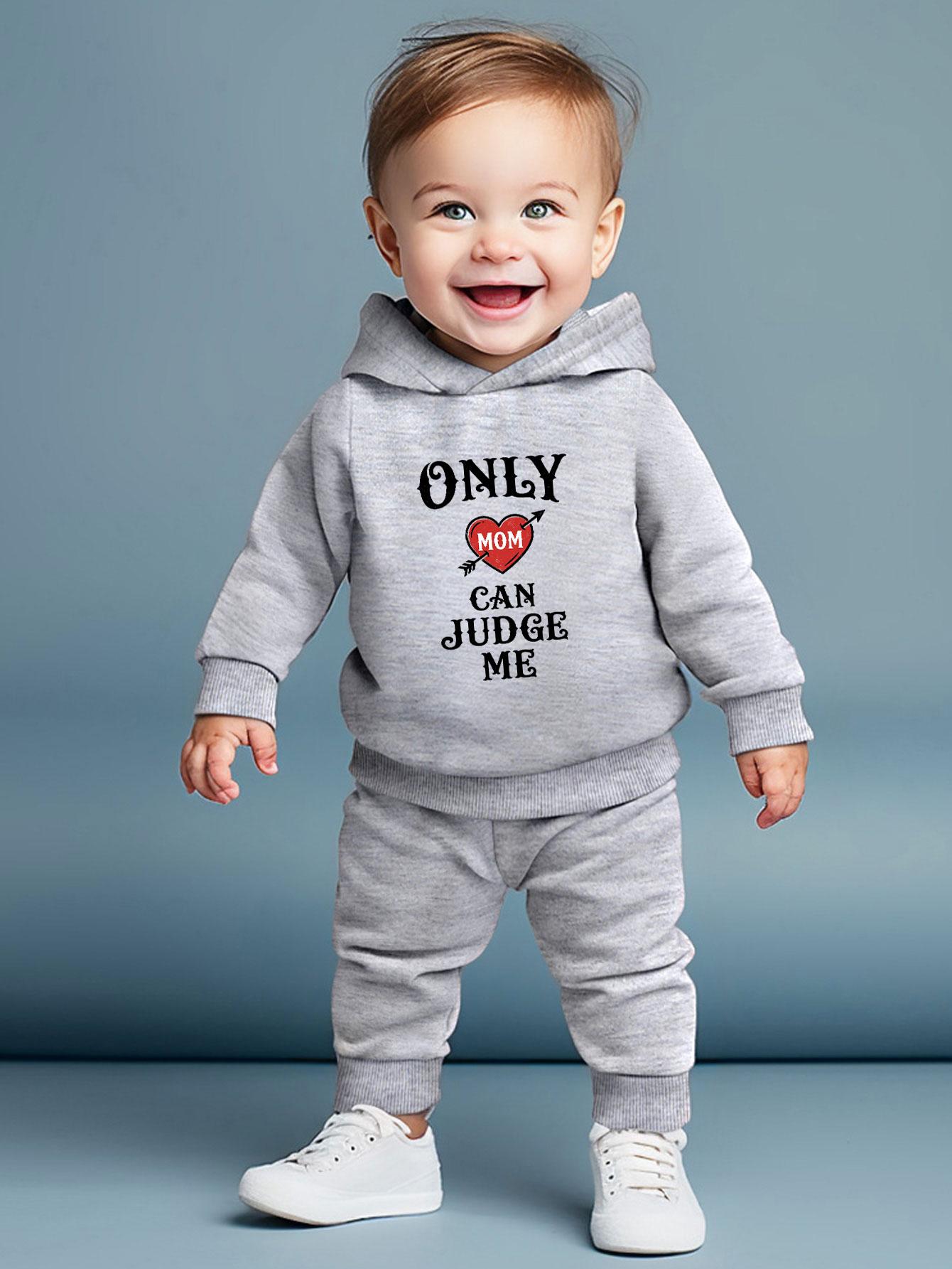 

Boys Casual Two-piece Outfit: Printed Hoodie with Fun Personalized Slogan Matches Elastic Waist Cuffed Joggers, Versatile for Daily Outdoor Wear 6-9M серый