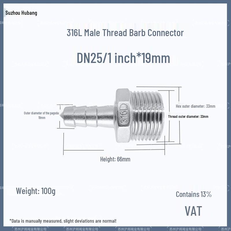 1" Hexagonal Barb Connector, 304 Stainless Steel for Water Pipe Hose, 316 Male Thread Plug